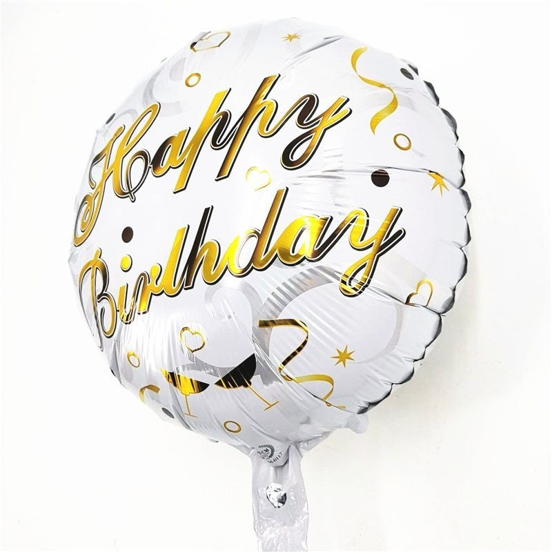 Balon din Folie Metalizata, Flippy, Mini Figurina Rotunda, Model Happy Birthday, Tema Aniversare, 45 cm, Ambalaj Individual, Pai inclus, Umflare cu Aer sau Heliu, Argintiu