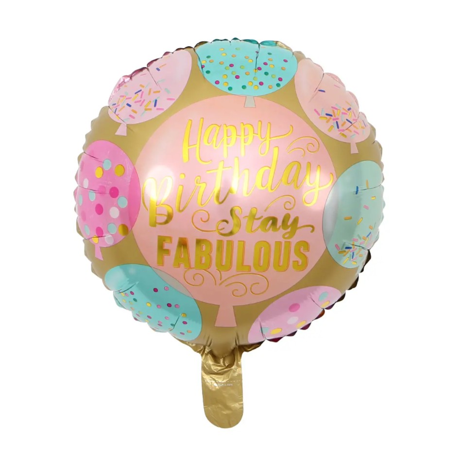 Balon din Folie Metalizata, Flippy, Mini Figurina Rotunda, Model Happy Birthday Stay Fabulous, Tematica Aniversare, 45 cm, Ambalaj Individual, Pai Inclus, Umflare cu Aer sau Heliu, Multicolor