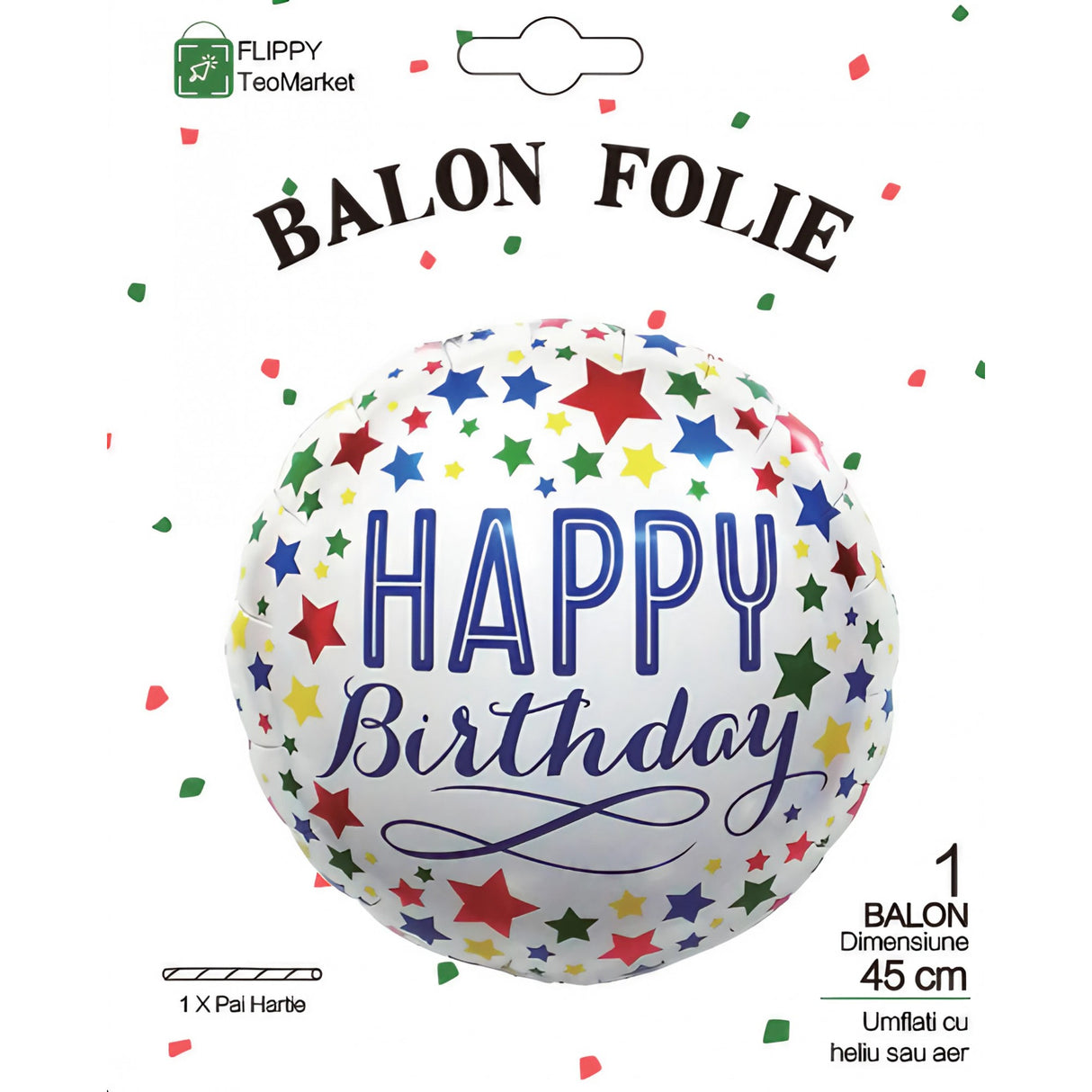 Balon Din Folie Metalizata, Mini Figurina Rotunda, Model Happy Birthday, Tema Aniversare, 45 Cm, Ambalaj Individual, Pai Inclus, Umflare Cu Aer Sau Heliu,