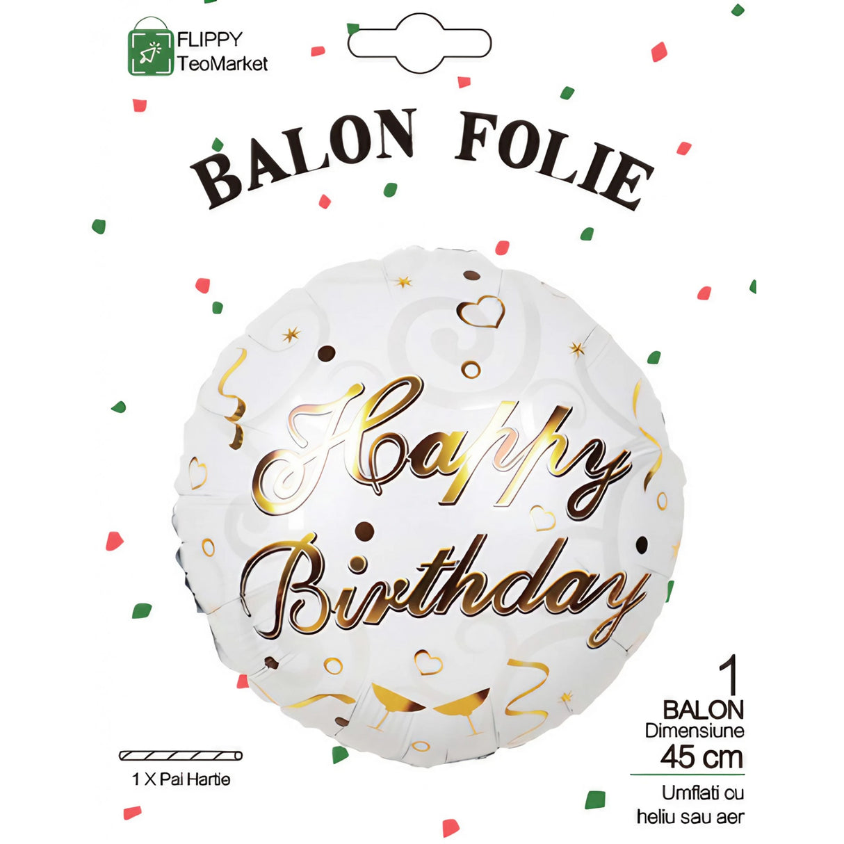 Balon Din Folie Metalizata, Mini Figurina Rotunda, Model Happy Birthday, Tema Aniversare, 45 Cm, Ambalaj Individual, Pai Inclus, Umflare Cu Aer Sau Heliu,