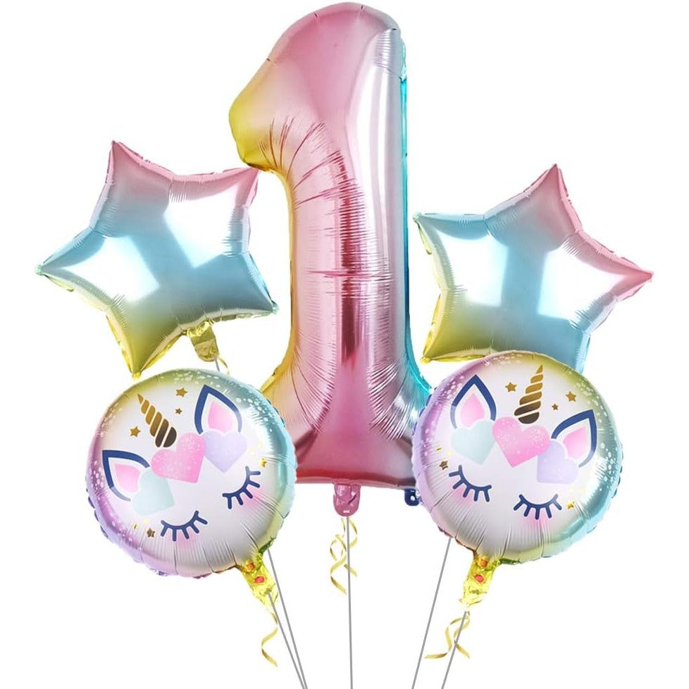 Balon din Folie Metalizata, Flippy, Mini Figurina Rotunda, Model Unicorn, Happy Birthday, Tematica Aniversare, 45 cm, Ambalaj Individual, Pai Inclus, Umflare cu Aer sau Heliu, Multicolor