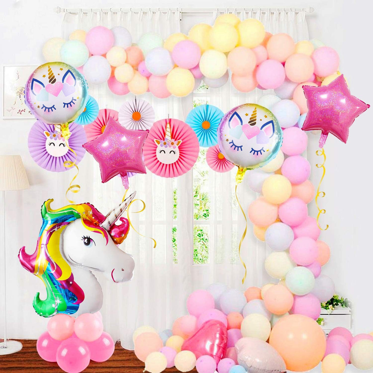 Balon din Folie Metalizata, Flippy, Mini Figurina Rotunda, Model Unicorn, Happy Birthday, Tematica Aniversare, 45 cm, Ambalaj Individual, Pai Inclus, Umflare cu Aer sau Heliu, Multicolor
