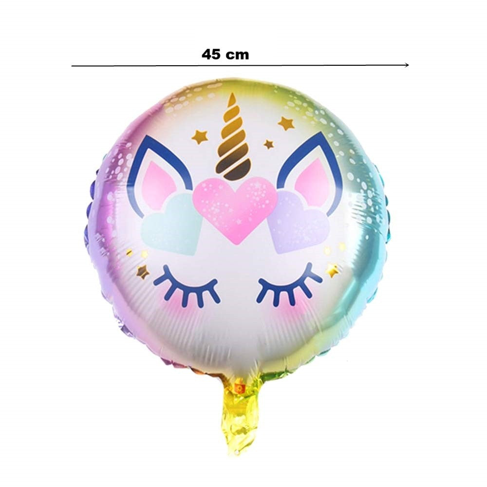Balon din Folie Metalizata, Flippy, Mini Figurina Rotunda, Model Unicorn, Happy Birthday, Tematica Aniversare, 45 cm, Ambalaj Individual, Pai Inclus, Umflare cu Aer sau Heliu, Multicolor
