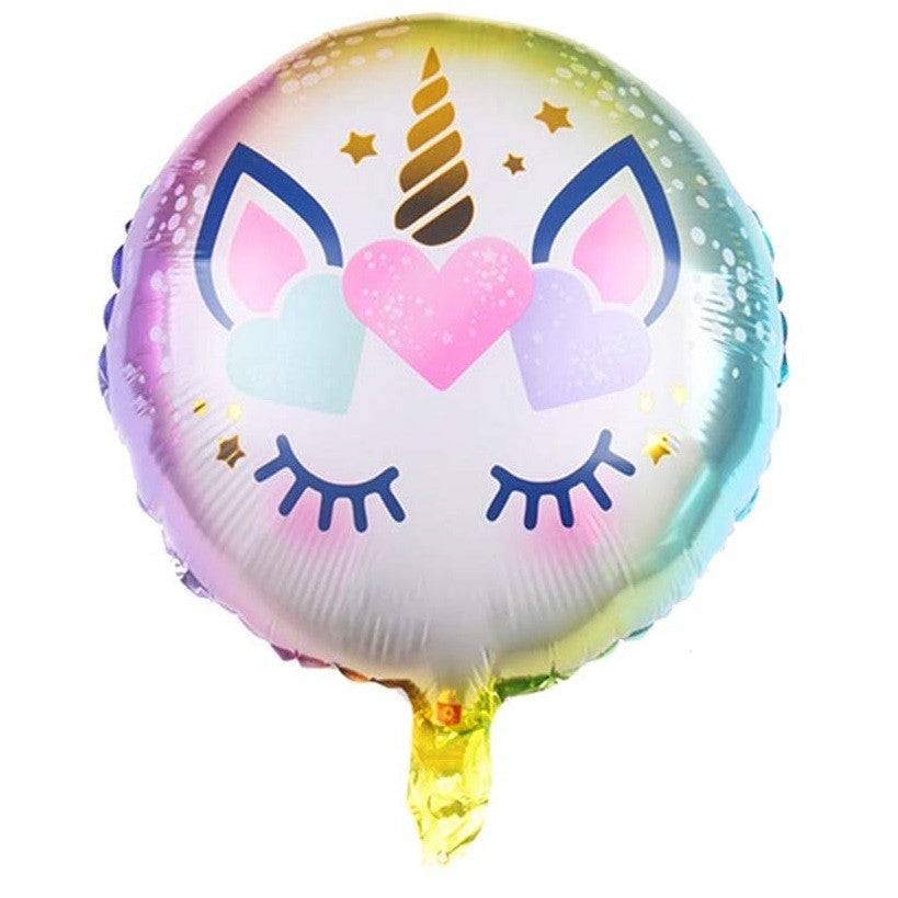 Balon din Folie Metalizata, Flippy, Mini Figurina Rotunda, Model Unicorn, Happy Birthday, Tematica Aniversare, 45 cm, Ambalaj Individual, Pai Inclus, Umflare cu Aer sau Heliu, Multicolor