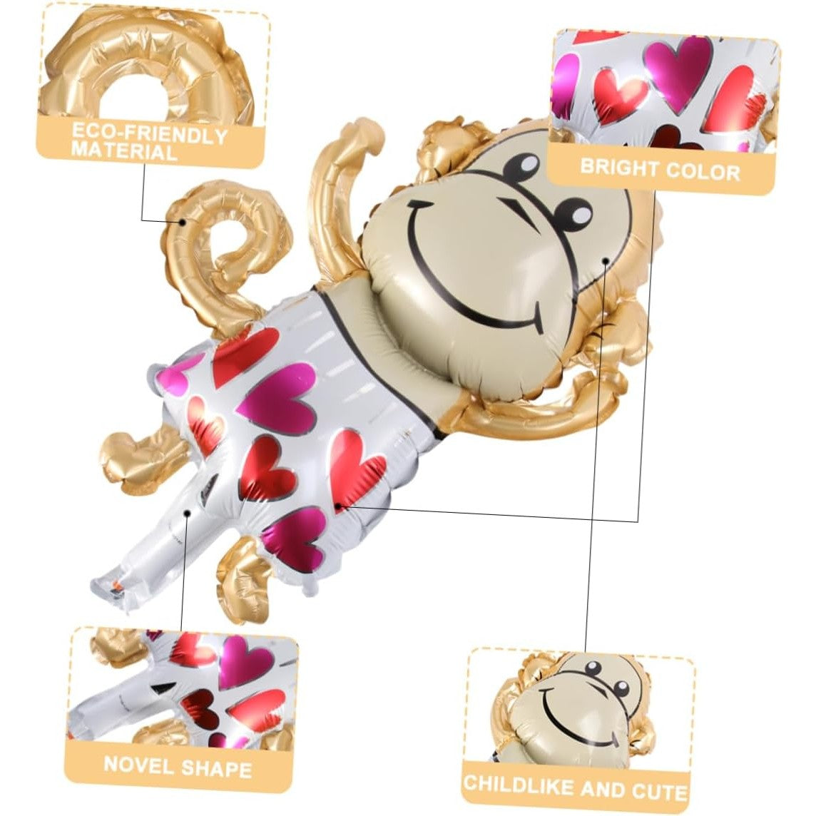 Balon din Folie Metalizata, Vivimall, Mini Figurine Animalute, Model Maimutica, Tematica Aniversare, 45x28 cm, Ambalaj Individual, Pai Inclus, Umflare cu Aer sau Heliu, Multicolor