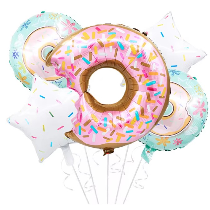 Balon din Folie Metalizata, Flippy, Mini Figurine Dulciuri, Model Gogoasa Muscata, Tematica Aniversare, 45x25 cm, Ambalaj Individual, Pai Inclus, Umflare cu Aer sau Heliu, Multicolor