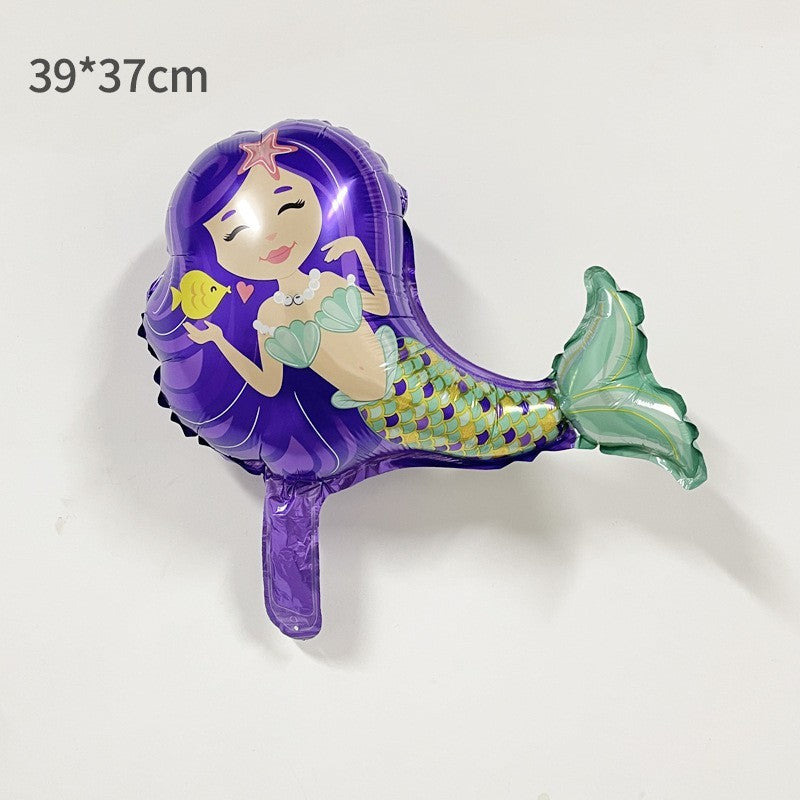 Balon din Folie Metalizata, Vivimall, Mini Figurine, Model Sirena cu Par Mov, Tematica Aniversare, 39x37 cm, Ambalaj Individual, Pai Inclus, Umflare cu Aer sau Heliu, Multicolor