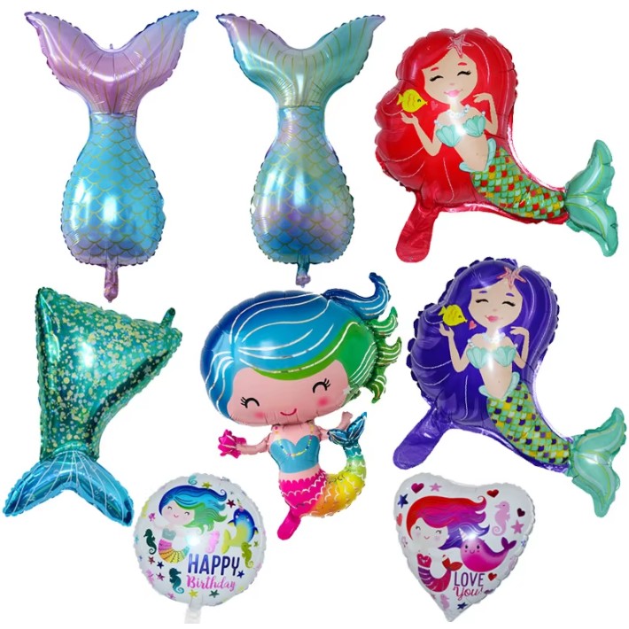 Balon din Folie Metalizata, Vivimall, Mini Figurine, Model Sirena cu Par Mov, Tematica Aniversare, 39x37 cm, Ambalaj Individual, Pai Inclus, Umflare cu Aer sau Heliu, Multicolor