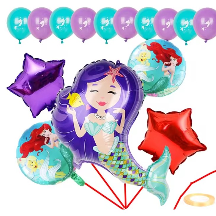 Balon din Folie Metalizata, Vivimall, Mini Figurine, Model Sirena cu Par Mov, Tematica Aniversare, 39x37 cm, Ambalaj Individual, Pai Inclus, Umflare cu Aer sau Heliu, Multicolor