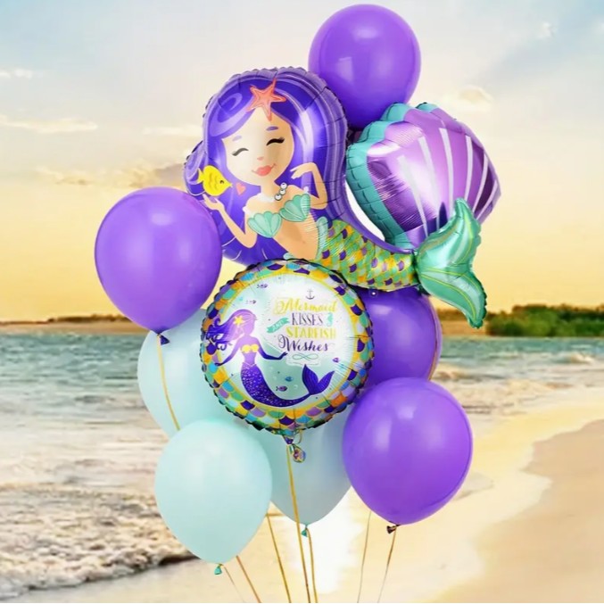 Balon din Folie Metalizata, Vivimall, Mini Figurine, Model Sirena cu Par Mov, Tematica Aniversare, 39x37 cm, Ambalaj Individual, Pai Inclus, Umflare cu Aer sau Heliu, Multicolor