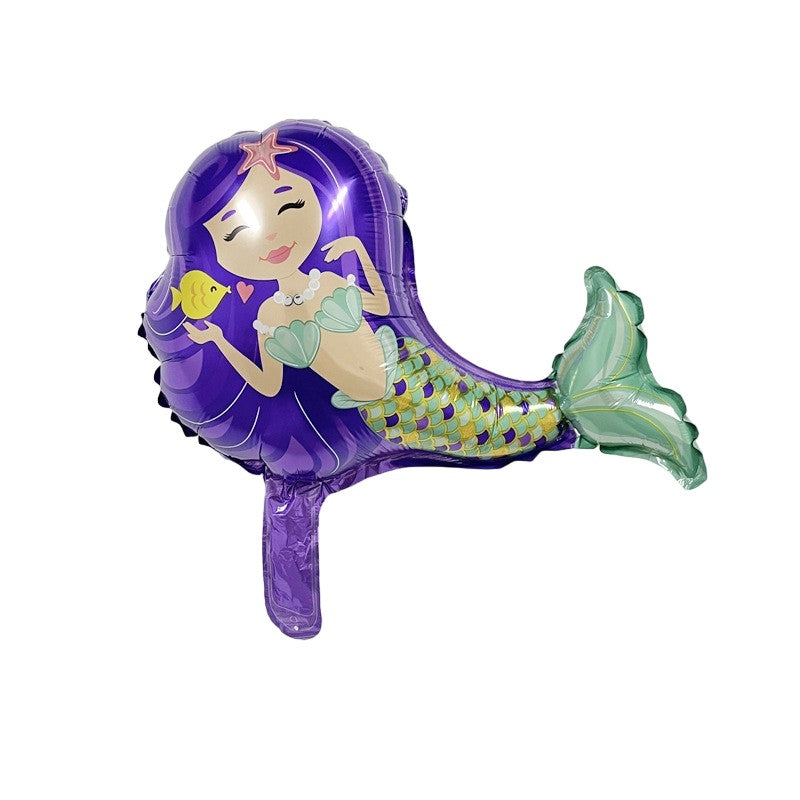 Balon din Folie Metalizata, Vivimall, Mini Figurine, Model Sirena cu Par Mov, Tematica Aniversare, 39x37 cm, Ambalaj Individual, Pai Inclus, Umflare cu Aer sau Heliu, Multicolor