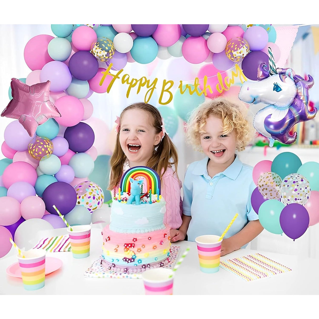 Balon din Folie Metalizata, Vivimall, Mini Figurine, Model Unicorn, Tematica Aniversare, 115x76 cm, Ambalaj Individual, Pai Inclus, Umflare cu Aer sau Heliu, Multicolor