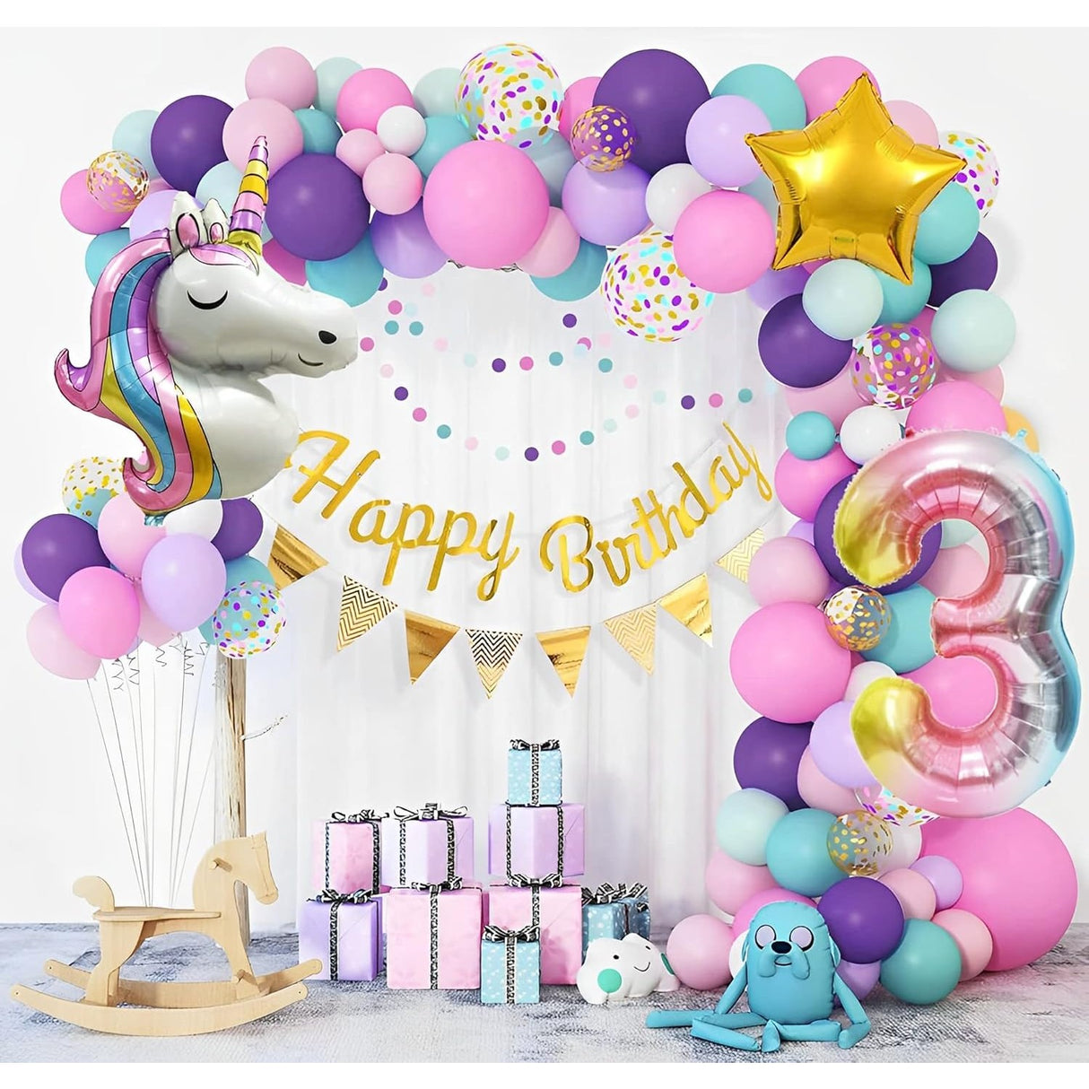 Balon din Folie Metalizata, Vivimall, Mini Figurine, Model Unicorn, Tematica Aniversare, 115x76 cm, Ambalaj Individual, Pai Inclus, Umflare cu Aer sau Heliu, Multicolor