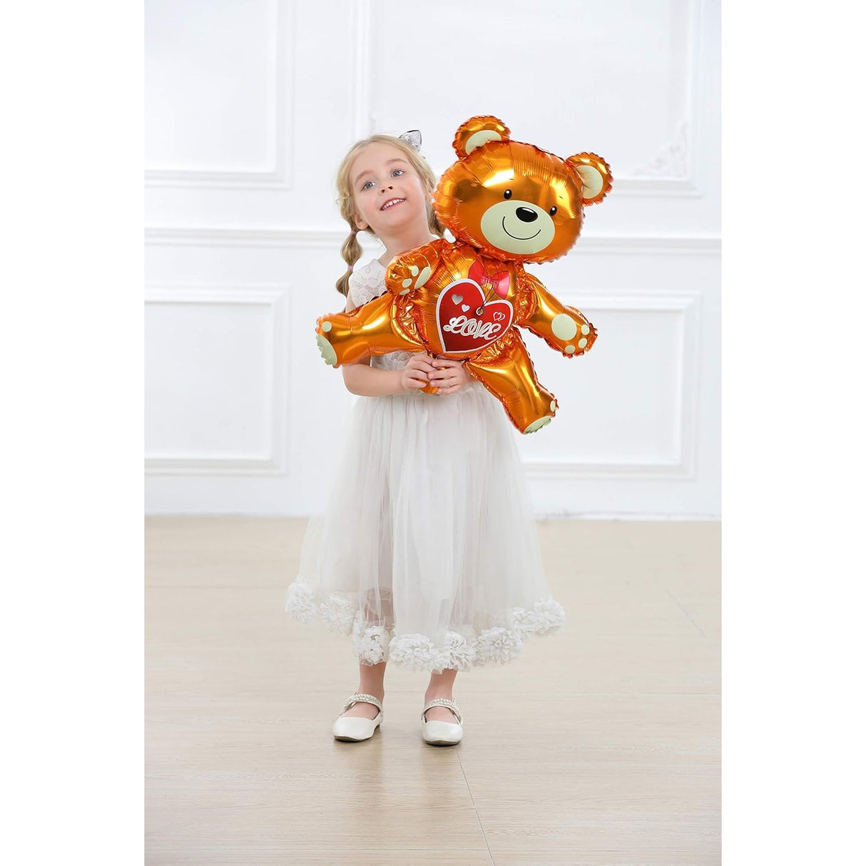 Balon din Folie Metalizata, Vivimall, Figurina Urs, Model Love, Tema Ziua Indragostitilor, 60x63cm, Ambalaj Individual, Pai Inclus, Umflare cu Aer sau Heliu, Maro