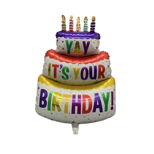 Balon din Folie Metalizata, Flippy, Model Tort cu 3 Straturi, Balon Aniversar, Model Birthday Cake, 102x62 cm, Ambalaj Individual, Pai inclus, Umflare cu Aer sau Heliu, Multicolor