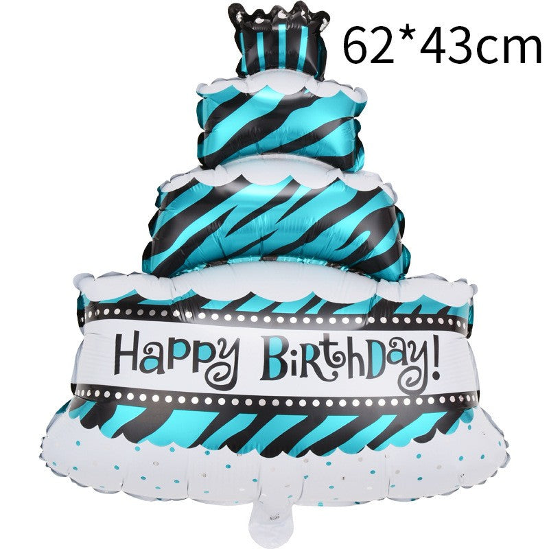 Balon din Folie Metalizata, Vivimall, Model Tort cu 4 Straturi, Balon Aniversar, Model Happy Birthday, 62x43 cm, Ambalaj Individual, Pai inclus,  Umflare cu Aer sau Heliu, Albastru