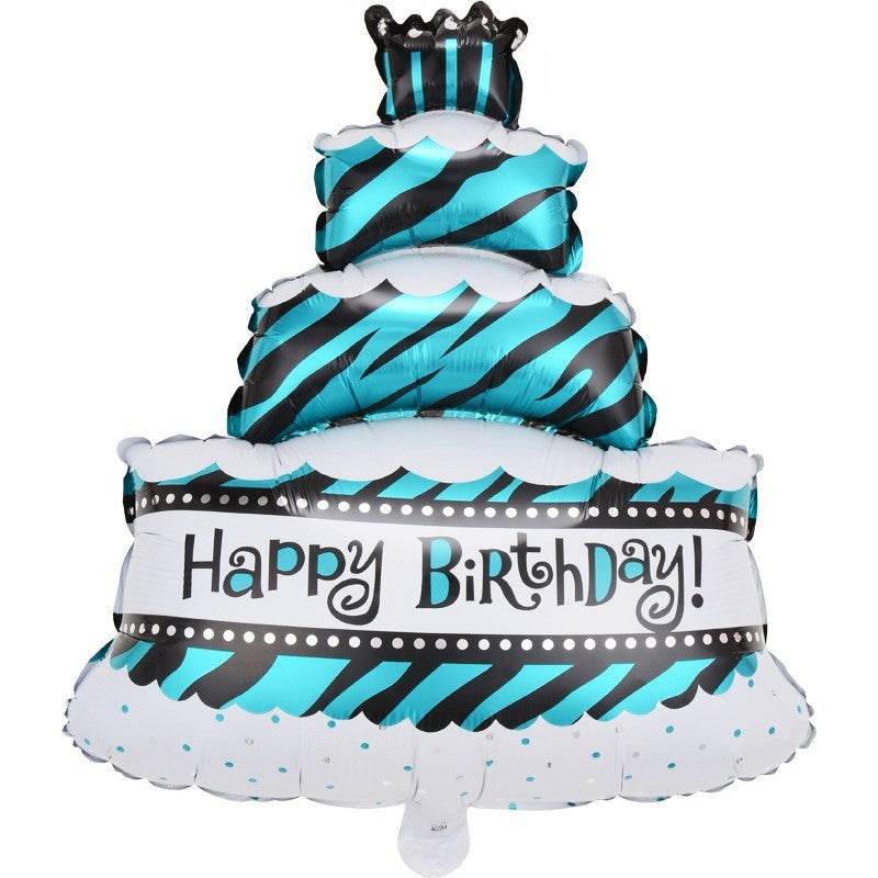 Balon din Folie Metalizata, Vivimall, Model Tort cu 4 Straturi, Balon Aniversar, Model Happy Birthday, 62x43 cm, Ambalaj Individual, Pai inclus,  Umflare cu Aer sau Heliu, Albastru