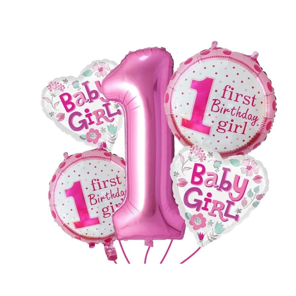 Balon din Folie Metalizata, Vivimall, Prima Aniversare, Model First Birthday Girl, 45 cm, Ambalaj Individual, Pai Inclus, Umflare cu Aer sau Heliu, Roz - vivimall.ro