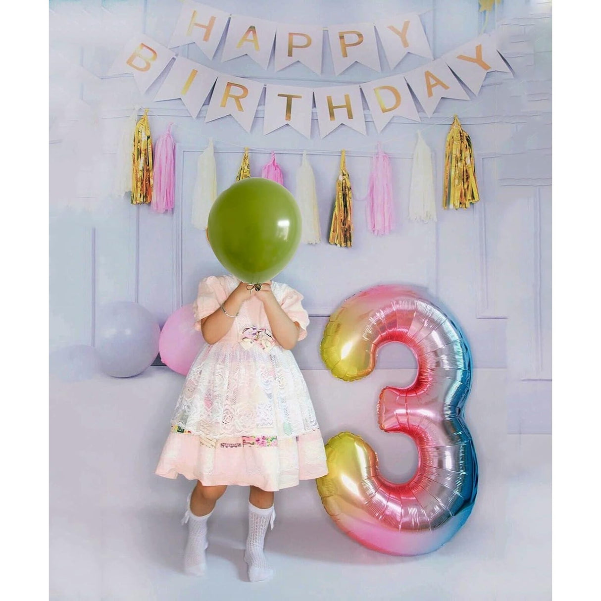 Balon din Folie Metalizata Gradient Vivimall, Figurina Cifra, Tema Aniversare 100 cm, Ambalaj Individual, Pai inclus, Umflare cu Aer sau Heliu, Multicolor, Cifra 3