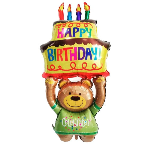 Balon din Folie Metalizata, Flippy, Figurine Animalute, Model Ursulet cu Tort Aniversar, 124x65 cm, Ambalaj Individual, Pai Inclus, Umflare cu Aer sau Heliu, Multicolor