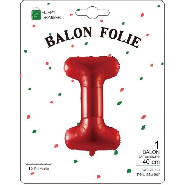 Balon Folie Metalizata Litera I, Flippy, 40 cm, Umflati cu Heliu sau Aer, Ambalaj Individual, Pai inclus, Rosu