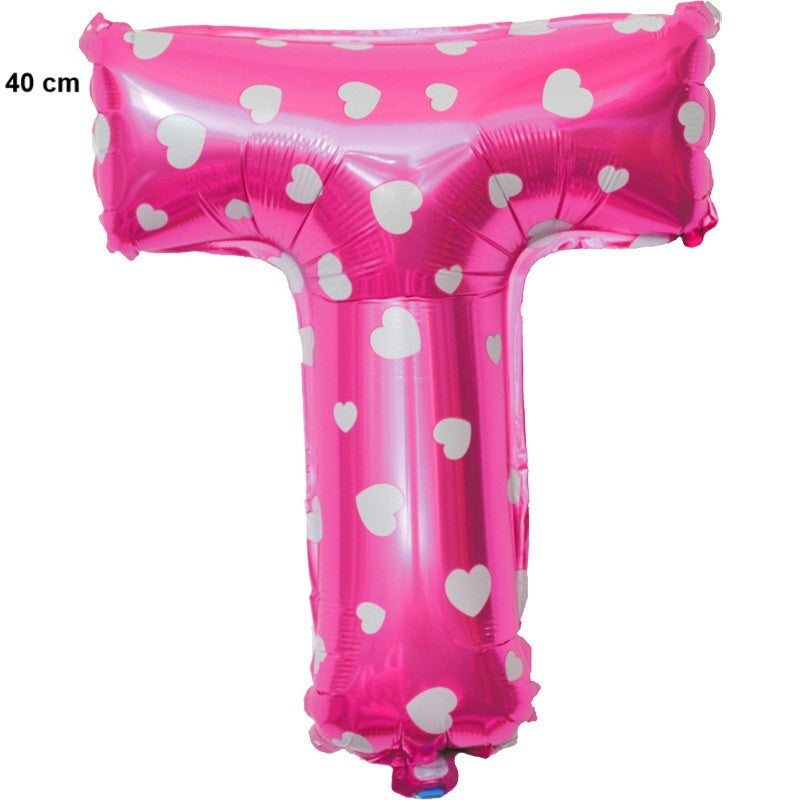 Balon Folie Metalizata Litera T, Vivimall, 40 cm, Cu Imprimeu Inimioare, Umflati cu Heliu sau Aer, Ambalaj Individual, Pai inclus, Roz - vivimall.ro