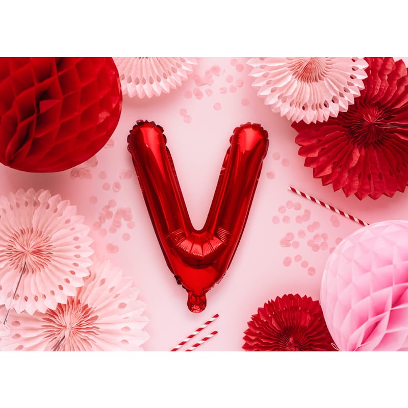 Balon Folie Metalizata Litera V, Vivimall, 40 cm, Umflati cu Heliu sau Aer, Ambalaj Individual, Pai inclus, Rosu - vivimall.ro