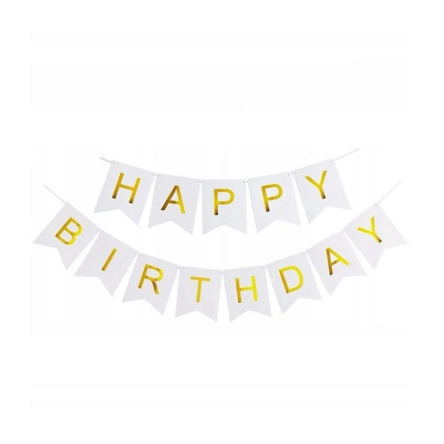 Banner Happy Birthday 100x200 cm, Vivimall, Dimensiune Stegulet 11.5x16.5 cm, Rola de Ata Inclusa, Alb - vivimall.ro