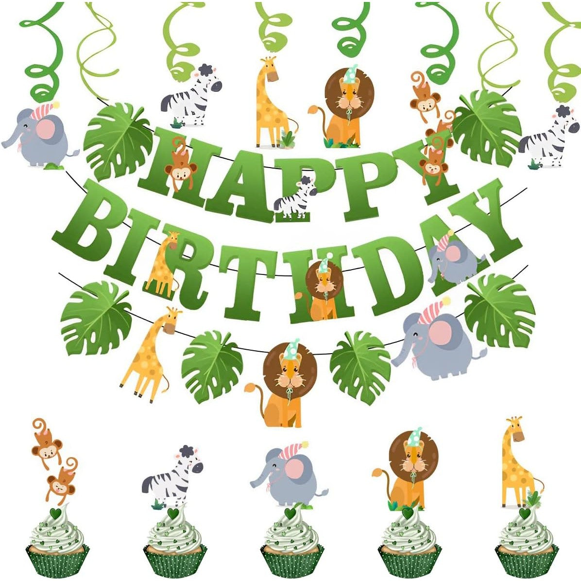 Banner Happy Birthday 100x200 cm, Vivimall, Rola de Ata Inclusa, Tematica Jungle, Verde - vivimall.ro