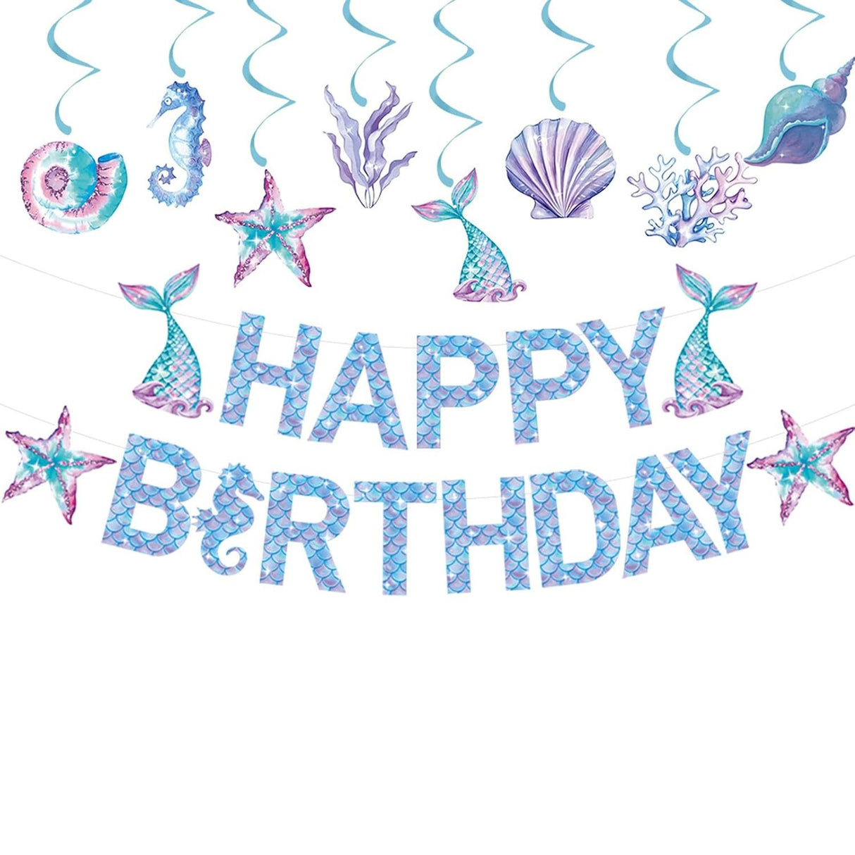 Banner Happy Birthday Sirena, Vivimall, Colectia Mermaid, 17 Piese, Multicolor - vivimall.ro