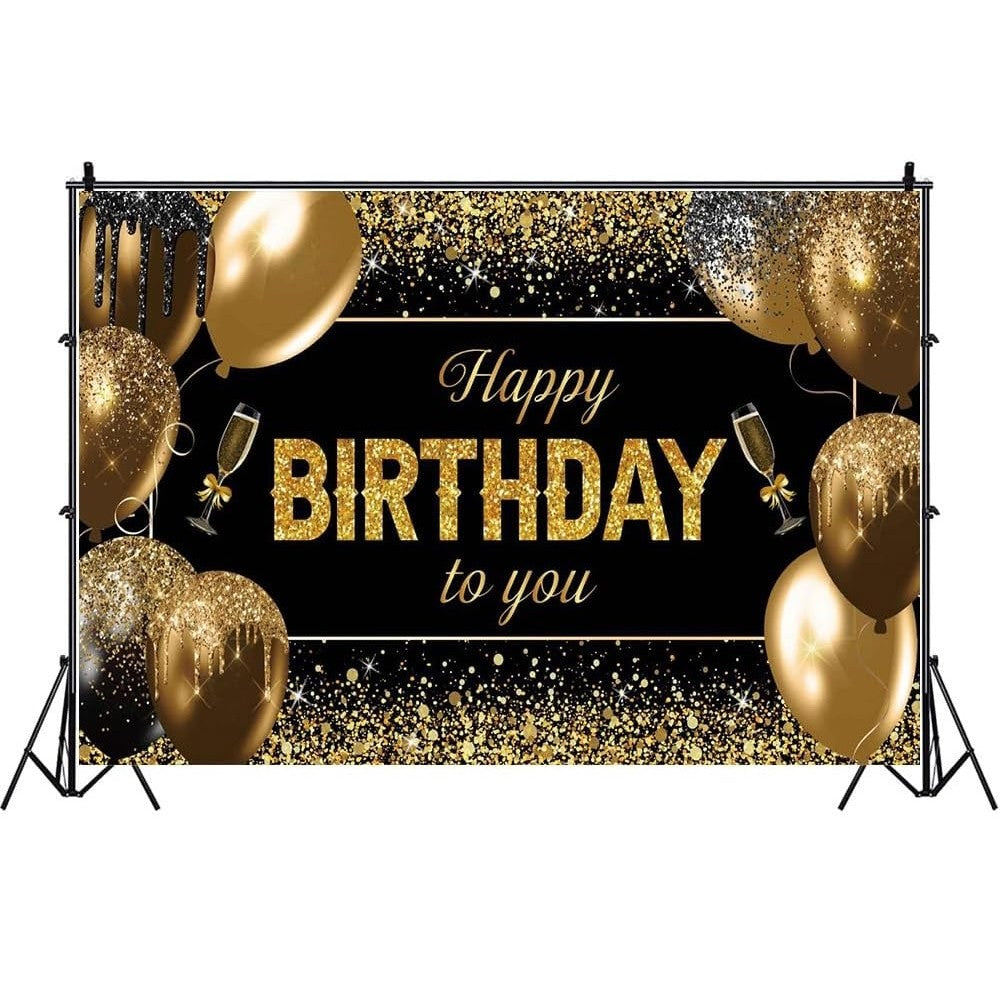 Banner Tip Fundal pentru Poze, Flippy, din Panza, 185 x 110 cm, Sfoara 6 m, Prindere in 4 Colturi, Happy Birthday to You, Negru/Auriu