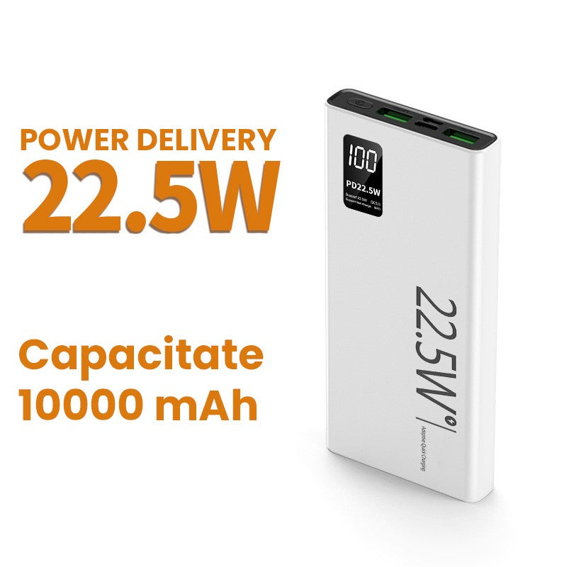 Baterie Externa Powerbank, Vivimall, Ultra-Subtire cu Ecran Digital, Compatibilitate Universala, TYPE-C si USB x2, 10000 mAh, Power Delivery 22.5W, 144x66x16 mm, Alb - vivimall.ro
