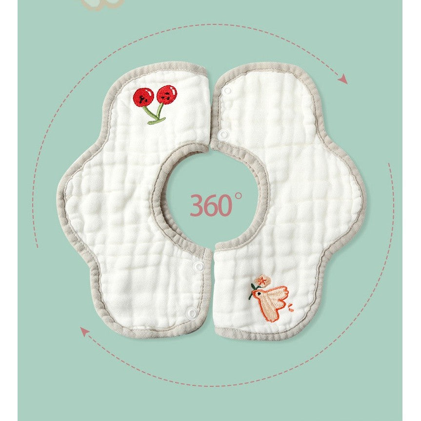 Baveta Tip Floare, Flippy, din Bumbac, pentru Copii 0-12 Luni, Rezistenta la apa, 8 Straturi, Model Tricotat cu Cirese, 26 x 29 cm, Alb