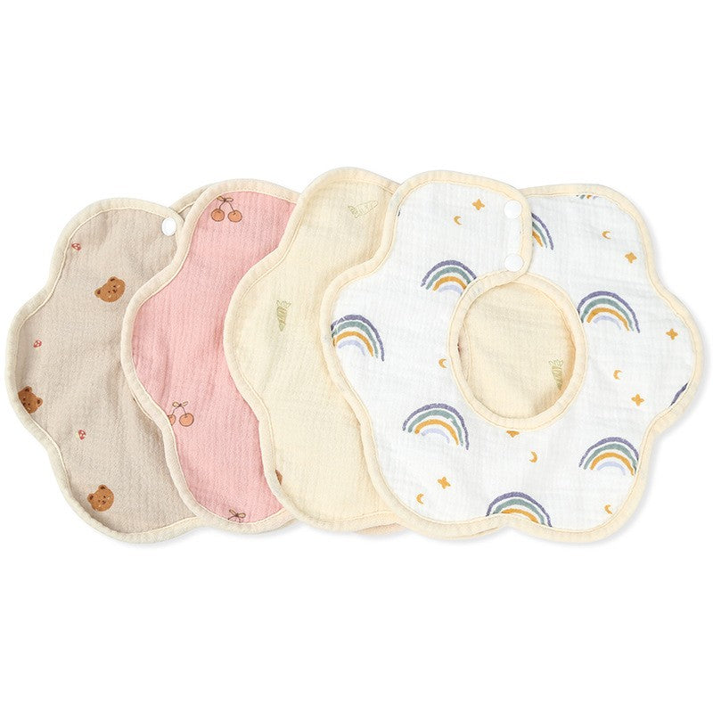 Baveta Tip Floare, Flippy, din Bumbac, pentru Copii 0-12 Luni, Rezistenta la apa, cu Capse, Model cu Ursuleti, 26 x 29 cm, Crem