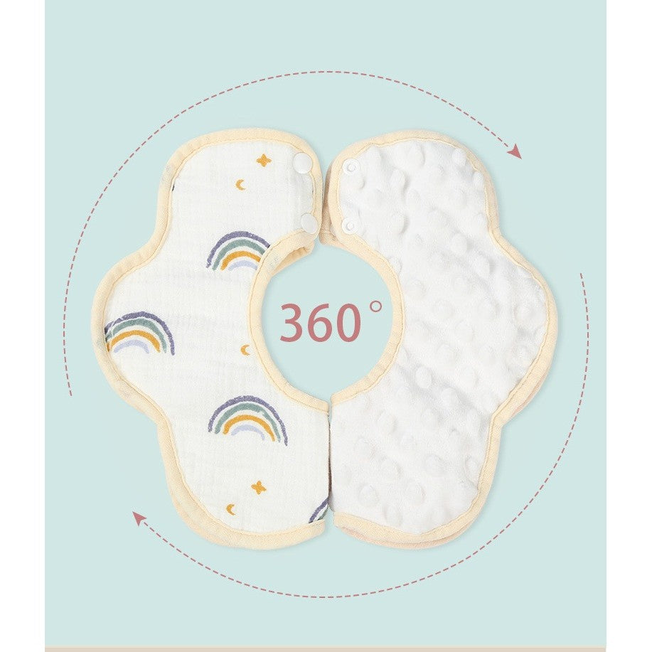 Baveta Tip Floare, Flippy, din Bumbac, pentru Copii 0-12 Luni, Rezistenta la apa, cu Capse, Model Curcubeu, 26 x 29 cm, Alb