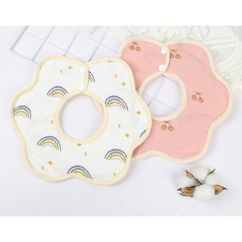 Baveta Tip Floare, Flippy, din Bumbac, pentru Copii 0-12 Luni, Rezistenta la apa, cu Capse, Model Curcubeu, 26 x 29 cm, Alb