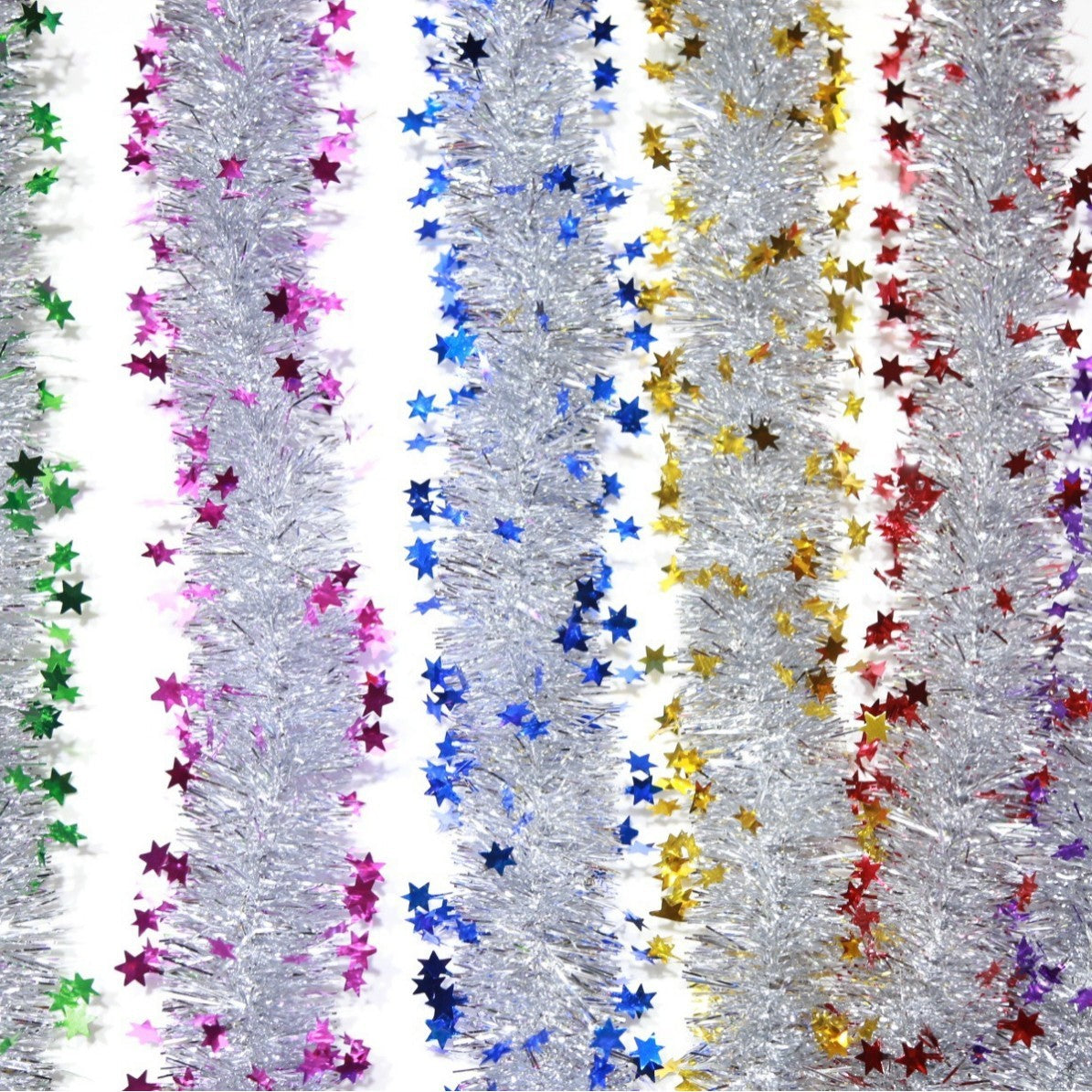 Beteala de Craciun cu LED, Flippy, 2 m, 5 cm Grosime, din PVC, Model cu Stelute, Artificiala, Mov/Argintiu