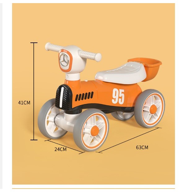 Bicicleta fara pedale pentru copii Vivimall, cu lumini si muzica, 4 roti, varsta 1-3 ani, material PP, 63 x24 x41 cm, portocaliu - vivimall.ro
