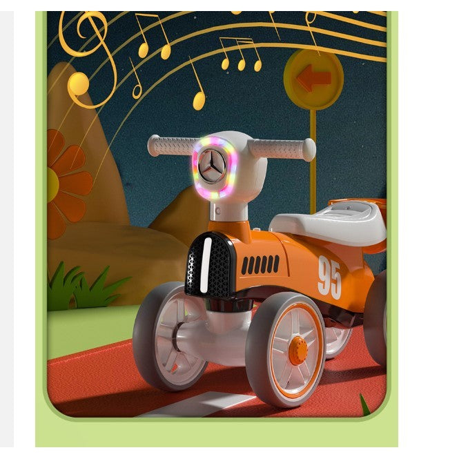 Bicicleta fara pedale pentru copii Vivimall, cu lumini si muzica, 4 roti, varsta 1-3 ani, material PP, 63 x24 x41 cm, portocaliu - vivimall.ro