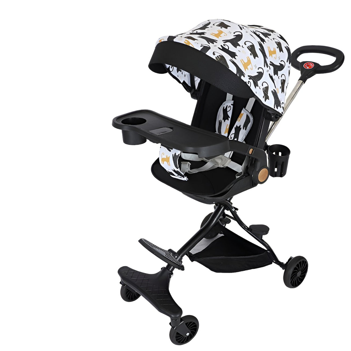 Carucior Sport Flippy 3in1, 6-36 Luni, Reversibil, Pliabil, Tavita pentru Masa, Pozitie de Somn, Centura de Siguranta, Roti 360, Suport Pahar, Copertina pentru Soare, 32x63x95cm, Negru Model Pisicute - vivimall.ro