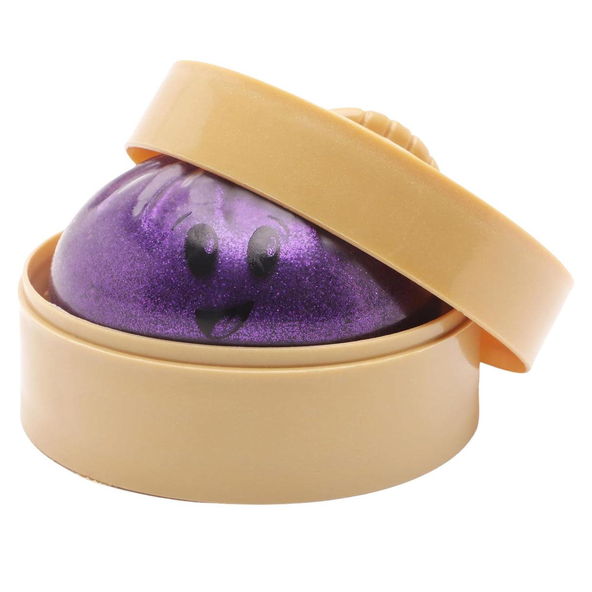 Detaliu material violet semitransparent cu sclipici fin al jucăriei Squishy Flippy Emoji Bun