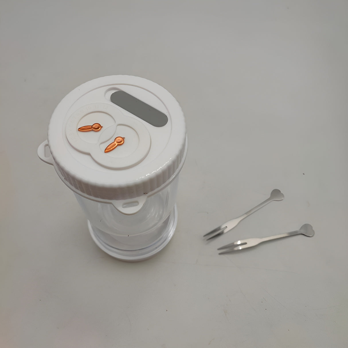 Borcan pentru Muraturi, Vivimall, cu Separator pentru Lichide, Ermetic, Termorezistent, Tip Clepsidra, 2 Furculite Incluse, ABS, Alb, 18x9x9 cm - vivimall.ro