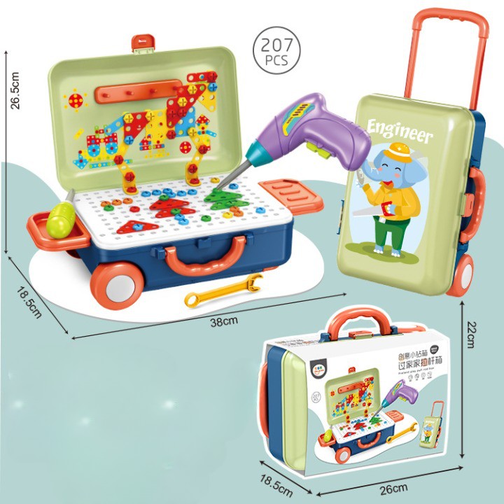 JUCARIE EDUCATIVA PENTRU COPII, VIVIMALL, SET 207 PIESE, 6 IN 1, VALIZA CU BORMASINA, VERDE - vivimall.ro