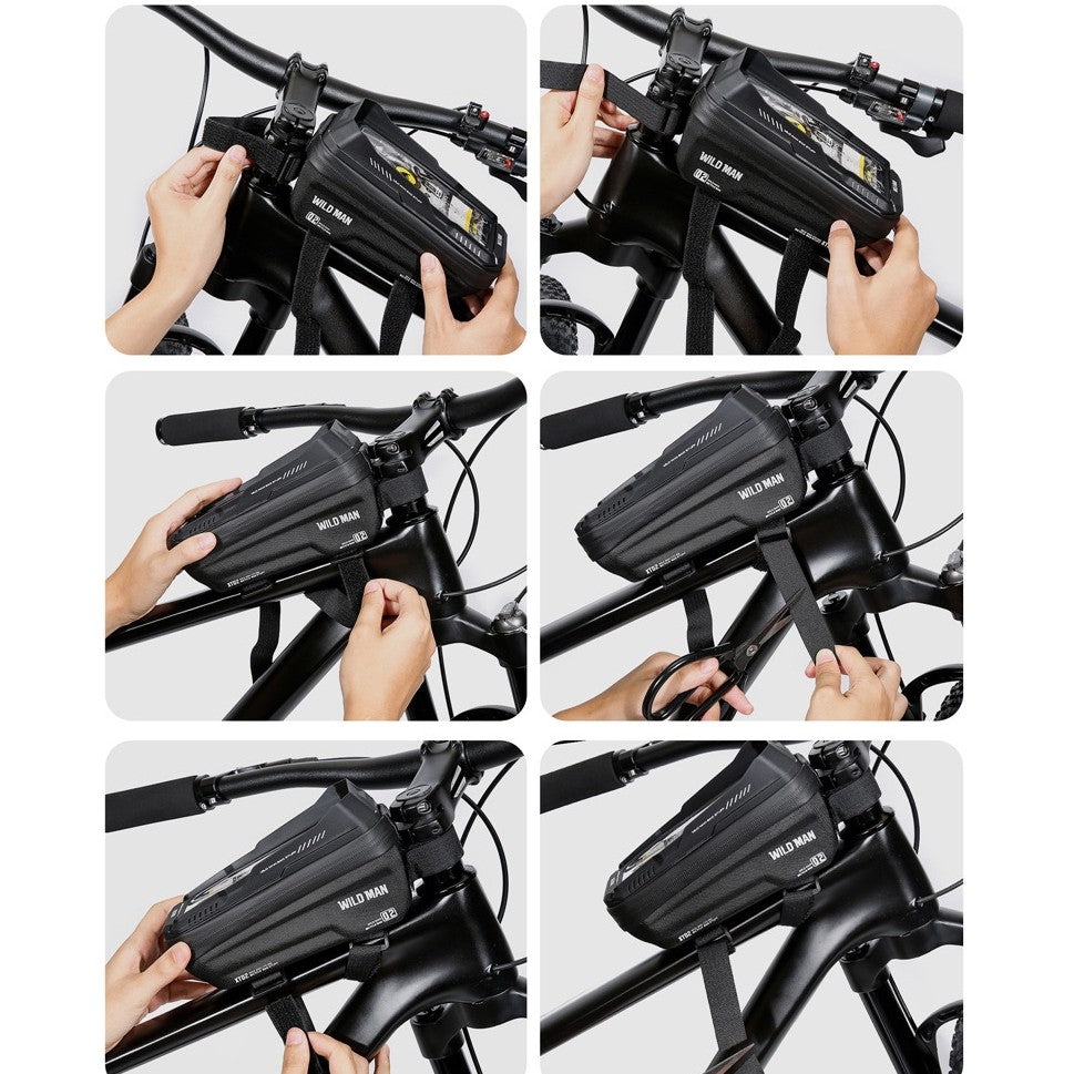 Borseta pentru bicicleta cu suport de telefon Vivimall, capcitate 1L, 20.5x11.1x10.5 cm, cu spatiu de stocare, protectie waterproof, ecran tactil, fixare in 3 locuri, protectie lumina, orificiu casti, negru - vivimall.ro