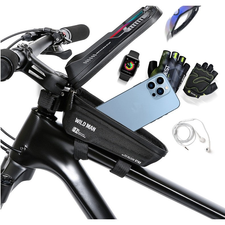 Borseta pentru bicicleta cu suport de telefon Vivimall, capcitate 1L, 20.5x11.1x10.5 cm, cu spatiu de stocare, protectie waterproof, ecran tactil, fixare in 3 locuri, protectie lumina, orificiu casti, negru - vivimall.ro