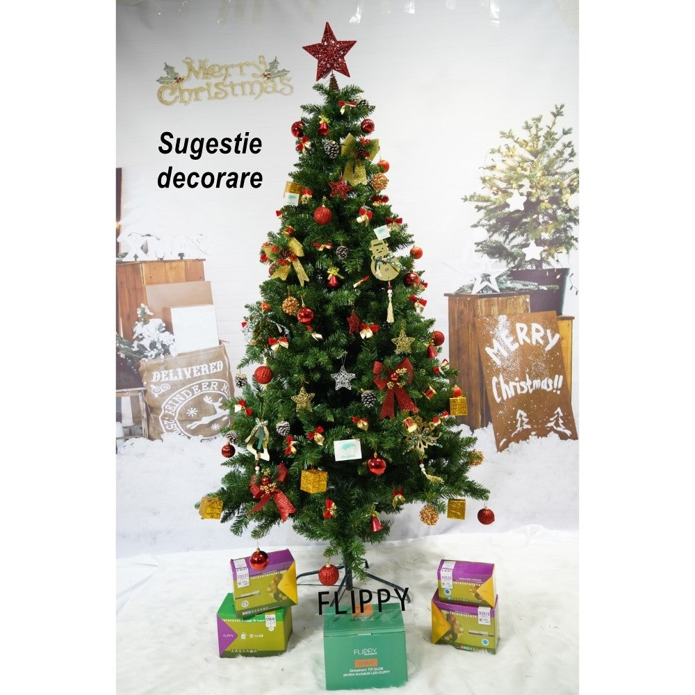 Brad artificial de Craciun, clasic, pentru interior/exterior, inaltime 210 cm, diametru 106 cm, 663 ramuri, Flippy, verde, suport metalic inclus - vivimall.ro