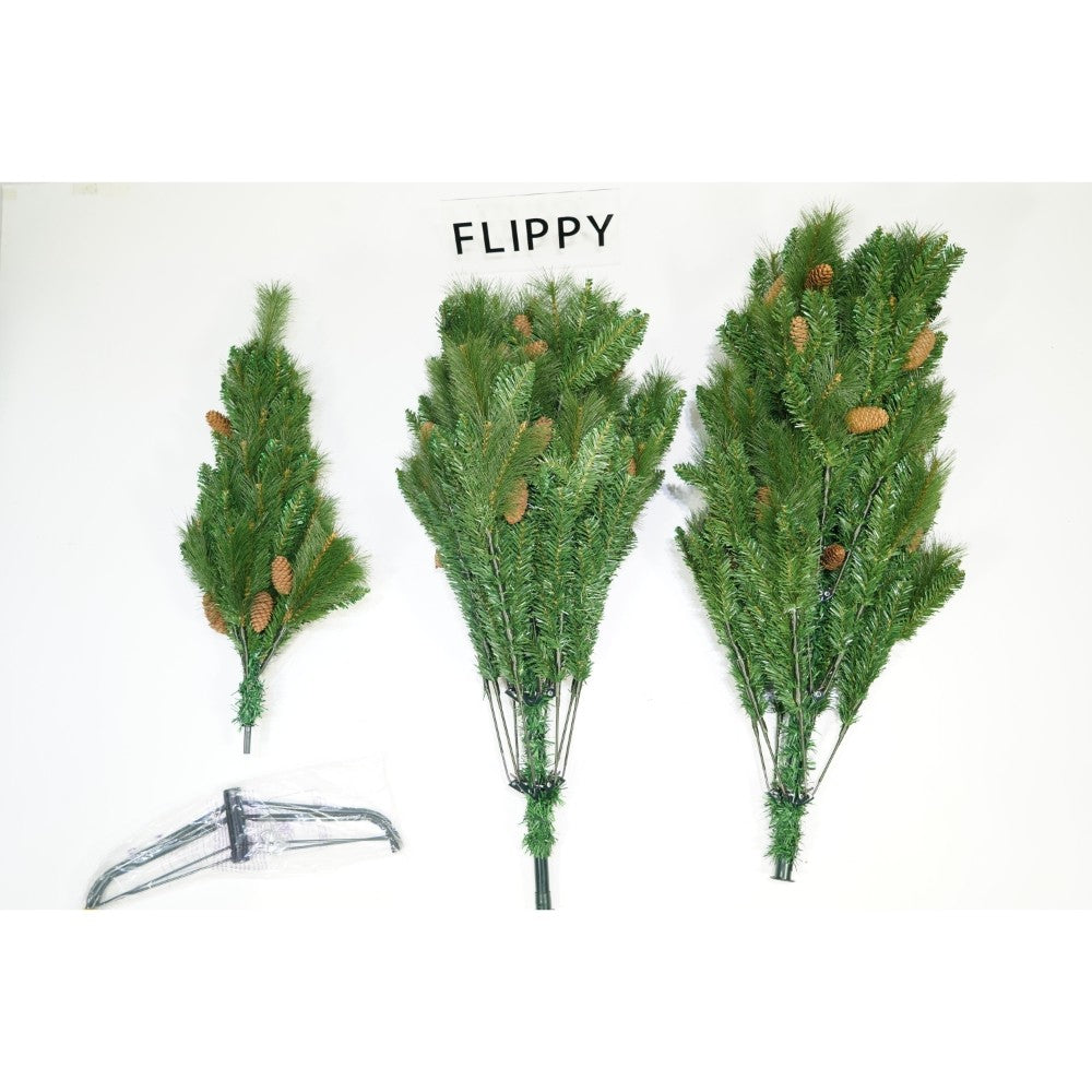 Brad artificial de Craciun, Decorat cu conuri de pin, pentru interior/exterior, inaltime 210 cm, diametru 114 cm, 1057 ramuri, Flippy, verde, suport metalic inclus - vivimall.ro