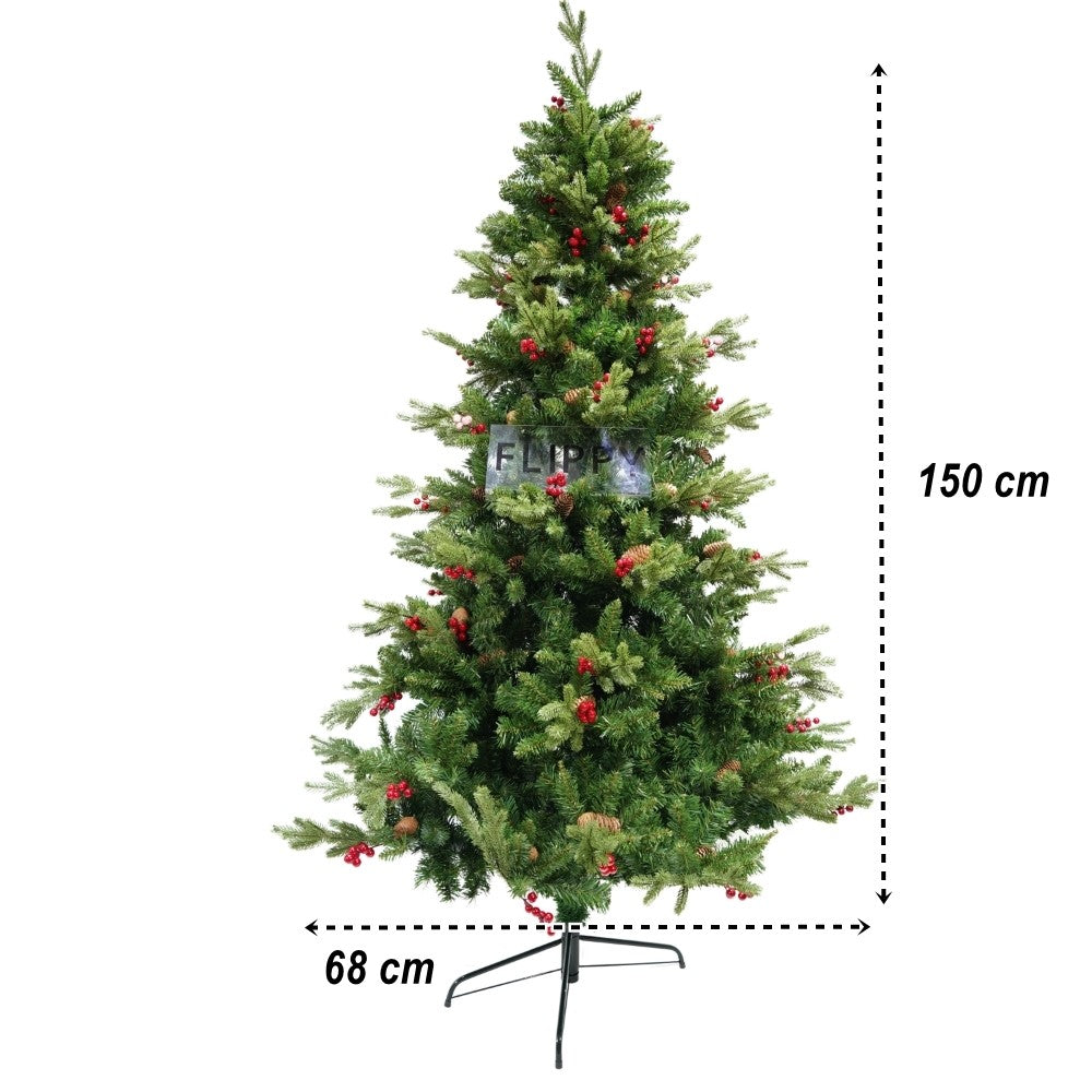 Brad artificial de Craciun, decorat cu conuri pin rosii, inaltime 150 cm, diametru 68 cm, 506 ramuri, Flippy, verde, suport metalic inclus - vivimall.ro