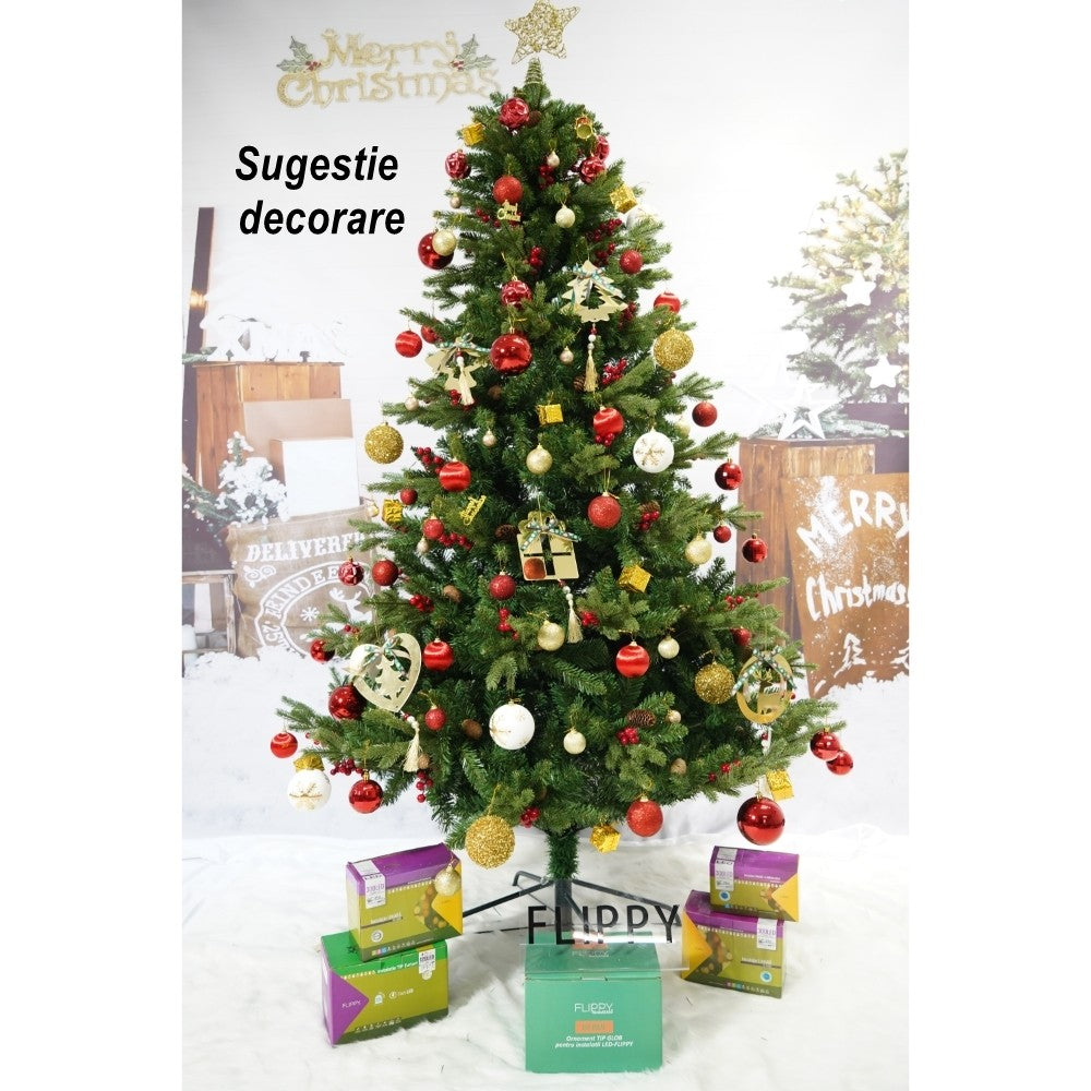 Brad artificial de Craciun, decorat cu conuri pin rosii, inaltime 210 cm, diametru 137 cm, 1172 ramuri, Flippy, verde, suport metalic inclus - vivimall.ro