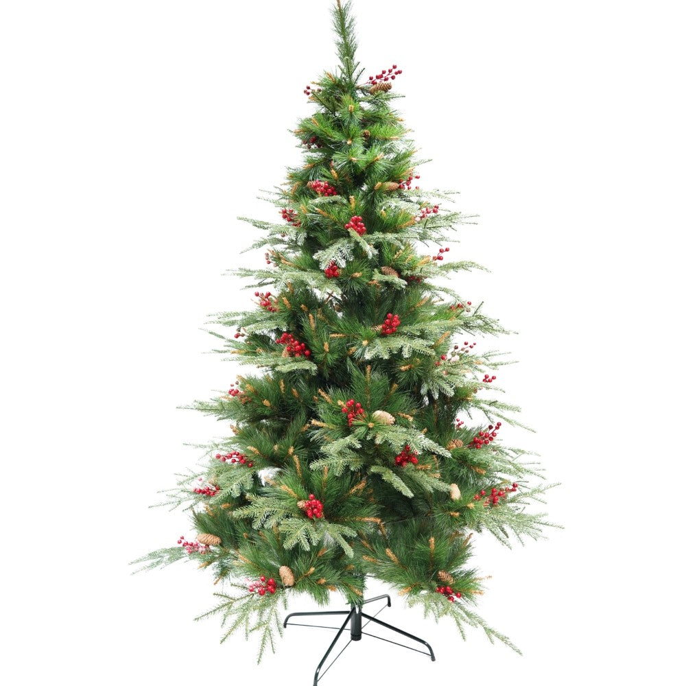 Brad artificial de Craciun, decorat cu conuri pin rosii, pentru interior/exterior, inaltime 150 cm, diametru 104 cm, 323 ramuri, Flippy, verde, suport metalic inclus - vivimall.ro